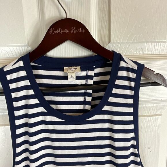 New J Crew Women Sz L Navy White Striped Dress Back Tie Sleeveless Knit Midi R3 - Picture 10 of 11
